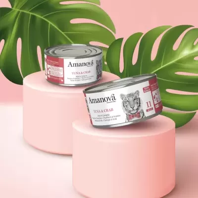 Duas latas de comida Amanova Tuna & Crab sobre blocos cor-de-rosa com folhas verdes ao fundo