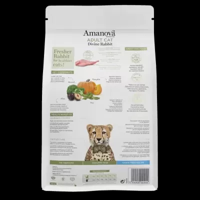 Embalagem de comida para gatos Amanova com imagem de guepardo e ingredientes