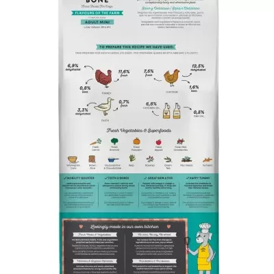 Saco branco de ração Harper & Bone com texto e ilustrações de ingredientes para cães adultos mini