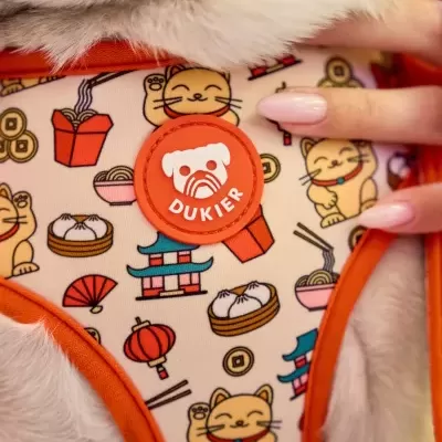 Arnês para cão colorido com padrão de gatos da sorte e etiqueta laranja DUKIER