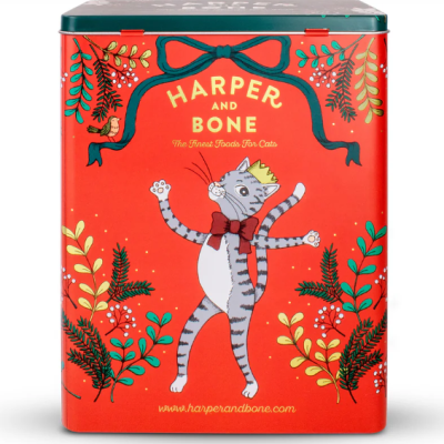 Lata vermelha decorada para comida de gatos com desenho e texto