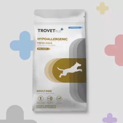 Embalaem de ração para cão TROVET PLUS Hypoallergenic Fresh Duck com gráfico de cão a correr