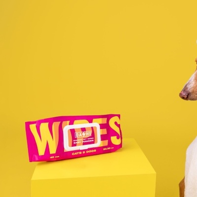 Pack rosa de lenços húmidos para cães e gatos ao lado de cão com toalha branca, fundo amarelo