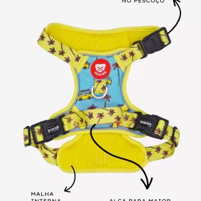 Peitoral para cão amarelo e azul com padrão de palmeiras e carros