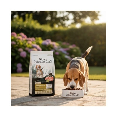 Comida para cães Dibaq Natural Moments Mediterraneum Adult 12kg com cão a comer ao ar livre