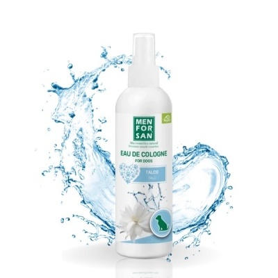 Frasco branco de spray Eau de Cologne para cães com rótulo verde e branco e respingos de água azul atrás