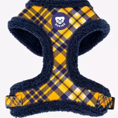 arnés para cão amarelo e azul xadrez com tecido felpudo