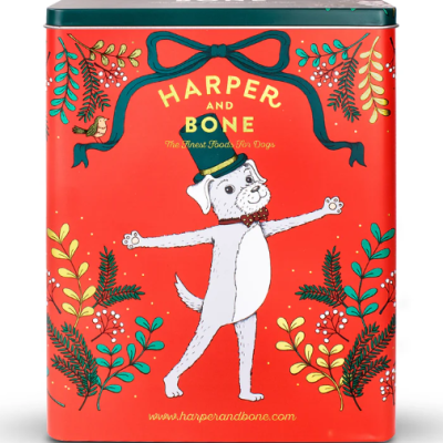 Lata vermelha para comida de cães com ilustração de cão e decoração colorida