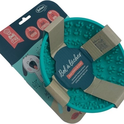 Taça de alimentação azul turquesa com textura e embalagem para cães e gatos.