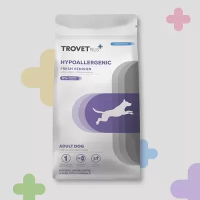 Embalagem de ração para cães trovet plus normalmente branca com detalhes roxos e cinza