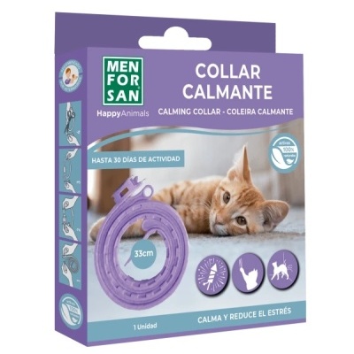 Embalagem roxa de colar calmante para gatos com imagem de gato deitado