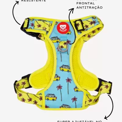 Peitoral para cão azul com estampas coloridas e alças amarelas ajustáveis