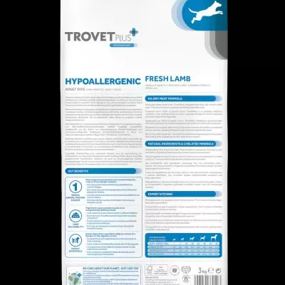 Embalagem branca de ração para cão TROVET PLUS Hypoallergenic Fresh Lamb 3 kg