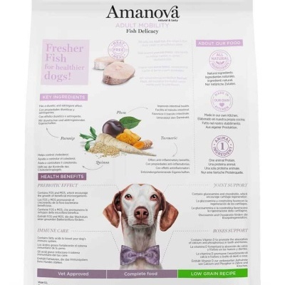 Embalagem de alimento para cães Amanova com imagem de cão e texto informativo