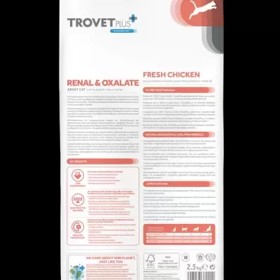 Embalagem branca de ração para gato Trovet Plus Renal & Oxalate Fresh Chicken
