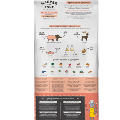 Embalagem de comida para gatos Harper and Bone Wild Mountain esterilizados com ingredientes e valores nutricionais