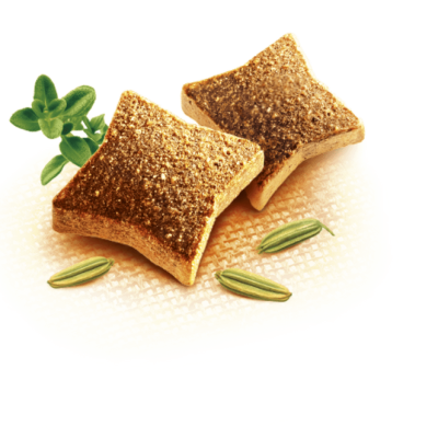 Dois biscoitos quadrados castanhos com sementes verdes e folha em fundo amarelo