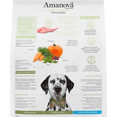 Embalagem branca de ração para cães Amanova Divine Rabbit com texto e imagem de cão preto e branco