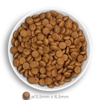 Tigela branca com ração seca castanha redonda e indicação de tamanho Ø13,5mm x 6,5mm