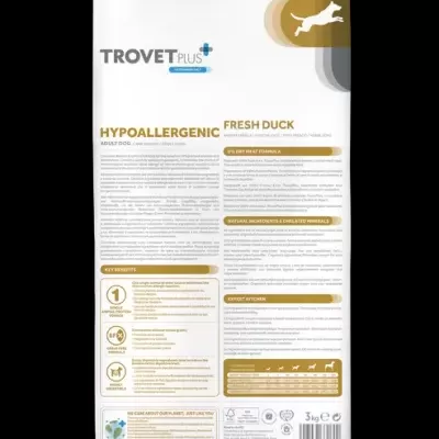 Saco branco de ração para cães TROVET PLUS HYPOALLERGENIC FRESH DUCK com texto informativo e ícone de cão