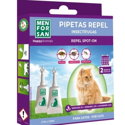 Embalagem roxa de pipetas repelentes para gatos MEN FOR SAN com imagem de gato e dois tubos incluídos