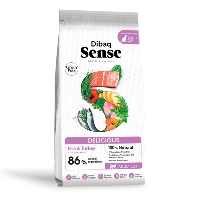 Embalagem branca de ração para gato com ingredientes naturais na forma da letra S e texto informativo