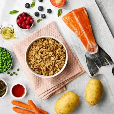 Tigela com farinha de rosca e ingredientes frescos ao redor como salmão, batatas e vegetais.