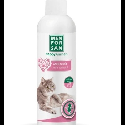 Frasco branco spray anti-stress para gato da MEN FOR SAN com imagem de gato cinzento