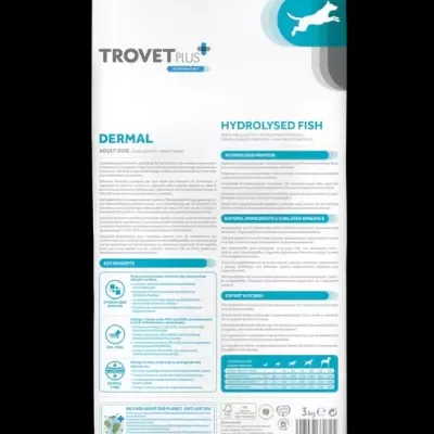 Embalagem branca de ração TROVET PLUS DERMAL Hydrolysed Fish para cães adultos, 3 kg