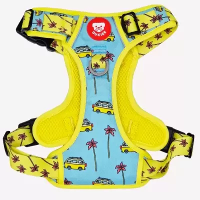 Peitoral para cão azul com bordas amarelas e estampado com carrinhas e palmeiras