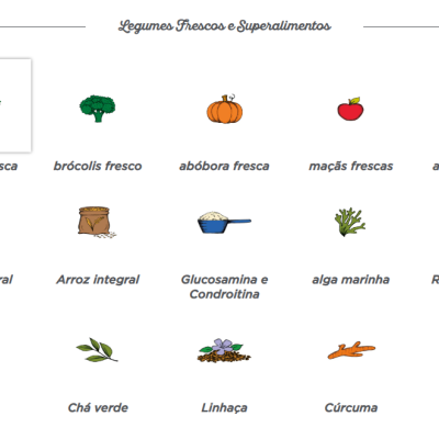 Ícones coloridos de alimentos frescos e superalimentos com texto em português
