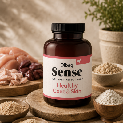 Frasco de suplemento alimentar para cães Diba Sense com ingredientes naturais ao redor