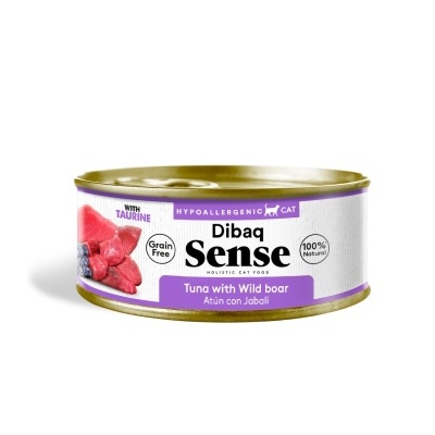 Lata de comida para gato Dibaq Sense Atum com Javali, rótulo branco e lilás, texto e imagens de carne e mirtilos