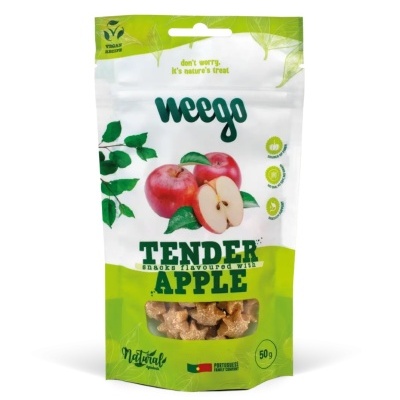 Embalagem verde e branca de snacks Weego sabor maçã com imagem de maçãs e peso 50g