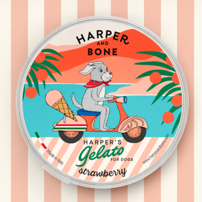 Embalagem de gelado para cães com design colorido e texto em inglês.