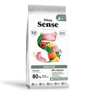 Pacote branco de ração para gatos Dibaq Sense Indoor com carne de coelho e vegetais