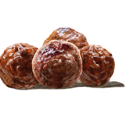 Quatro bolas de carne cozida brilhantes castanhas sobre fundo branco