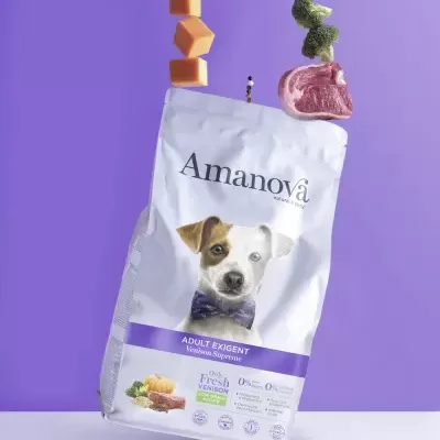 Saco de comida para cão Amanova Adult Exigent com texto e ingredientes sobre fundo roxo