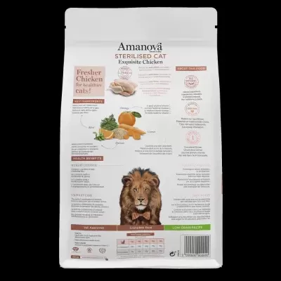 Embalagem branca de ração para gato esterilizado Amanova com ilustração e texto