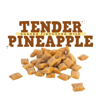 Snacks pequenos castanhos claros em fundo branco com texto Tender snacks flavoured with Pineapple