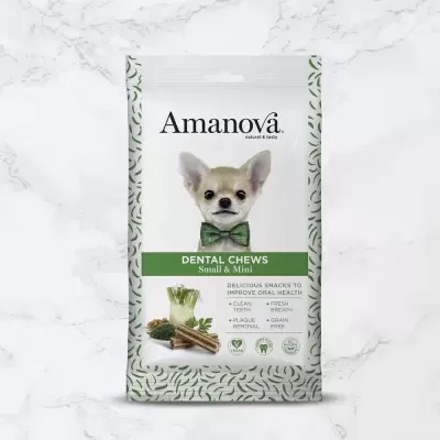 Pacote de petiscos dentários para cães Amanova com imagem de um cachorro pequeno