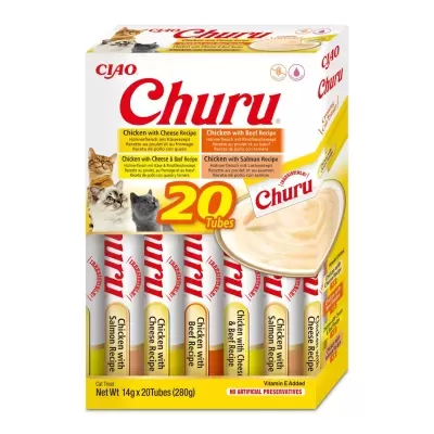 Embalagem de 20 tubos de petisco cremoso para gatos CIAO Churu multi-sabores