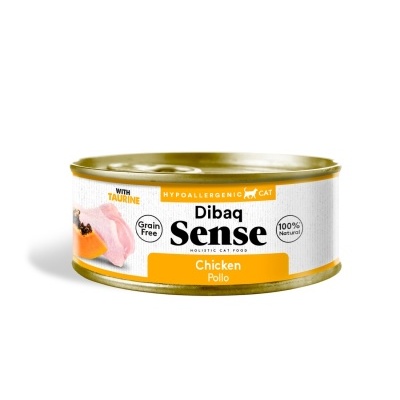 Lata de comida húmida para gato Dibaq Sense sabor frango com rótulo branco e amarelo.
