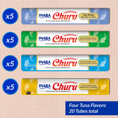 Quatro tubos de petiscos para gatos INABA Churu, com sabores diferentes