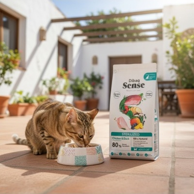 Gato castanho a comer junto a saco de ração Dibaq Sense no pátio