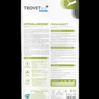 Embalagem branca de ração para gatos Trovet Plus Hypoallergenic Fresh Insect 2,5 kg