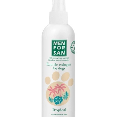 Frasco branco de spray para cães com rótulo e texto verde e desenhos tropicais