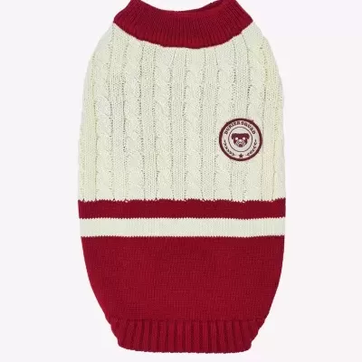 Camisola de malha para cão creme e vermelho com emblema redondo DUNKER SQUAD