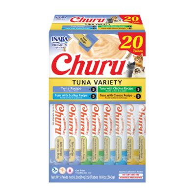 Embalagem com 20 tubos de Churu para gatos variedade atum, vieira, frango e queijo