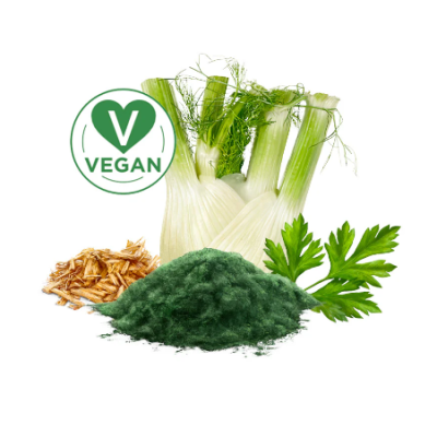 Aipo, salsa, pó verde, pedaços marrons e selo VEGAN em fundo branco